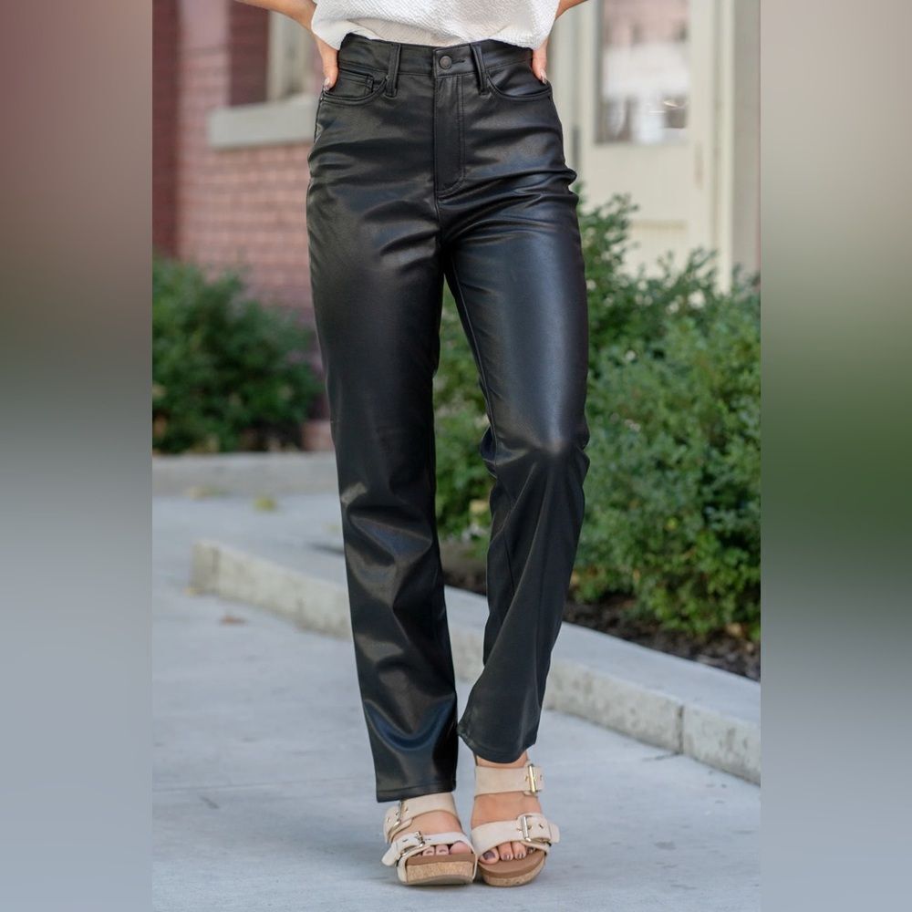 NWT Judy Blue Faux Leather High Rise Straight Pants Jeans Rocker Grunge Punk - Picture 2 of 12